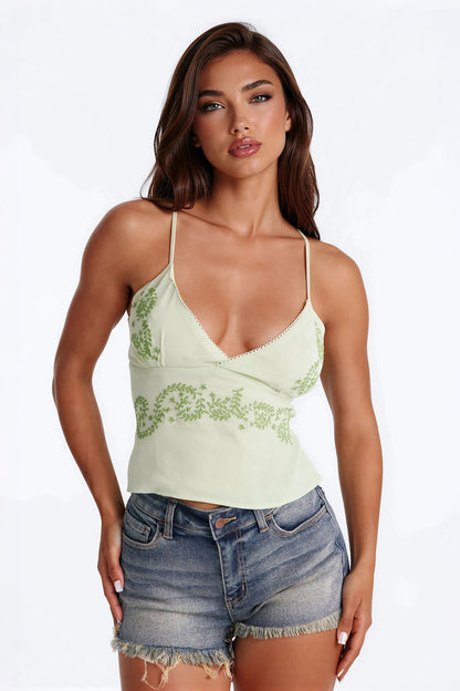 Lemonade Lips Embroidered Chiffon Top - Green