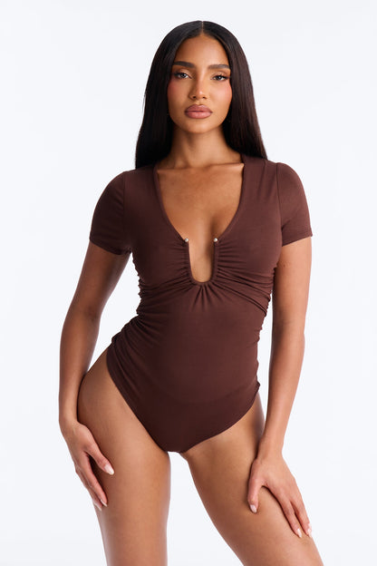 Danielle Deep V Neck Short Sleeve Bodysuit - Brown