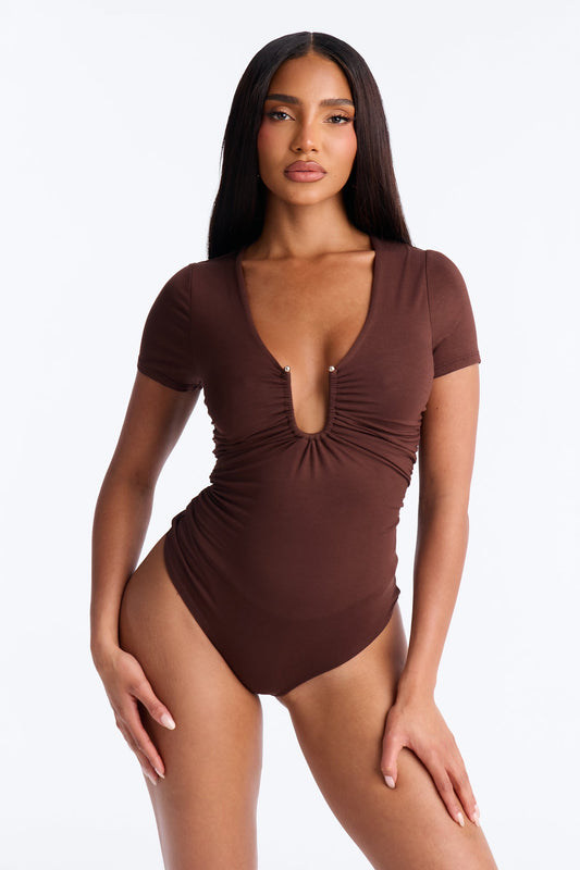 Danielle Deep V Neck Short Sleeve Bodysuit - Brown