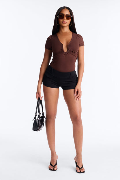 Danielle Deep V Neck Short Sleeve Bodysuit - Brown