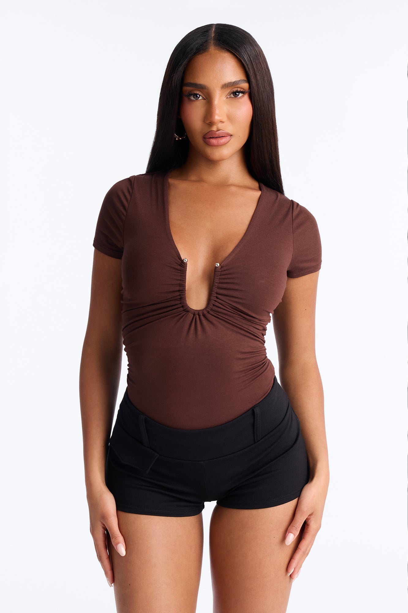 Danielle Deep V Neck Short Sleeve Bodysuit - Brown