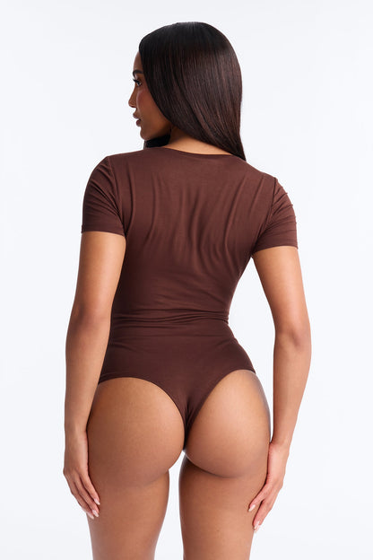 Danielle Deep V Neck Short Sleeve Bodysuit - Brown
