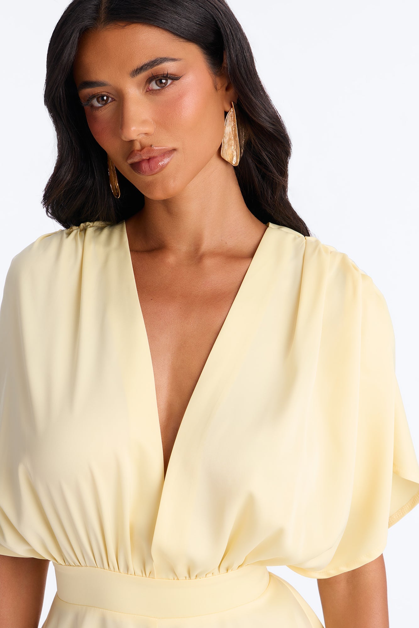 Mekenzy Satin Plunge Romper - Yellow
