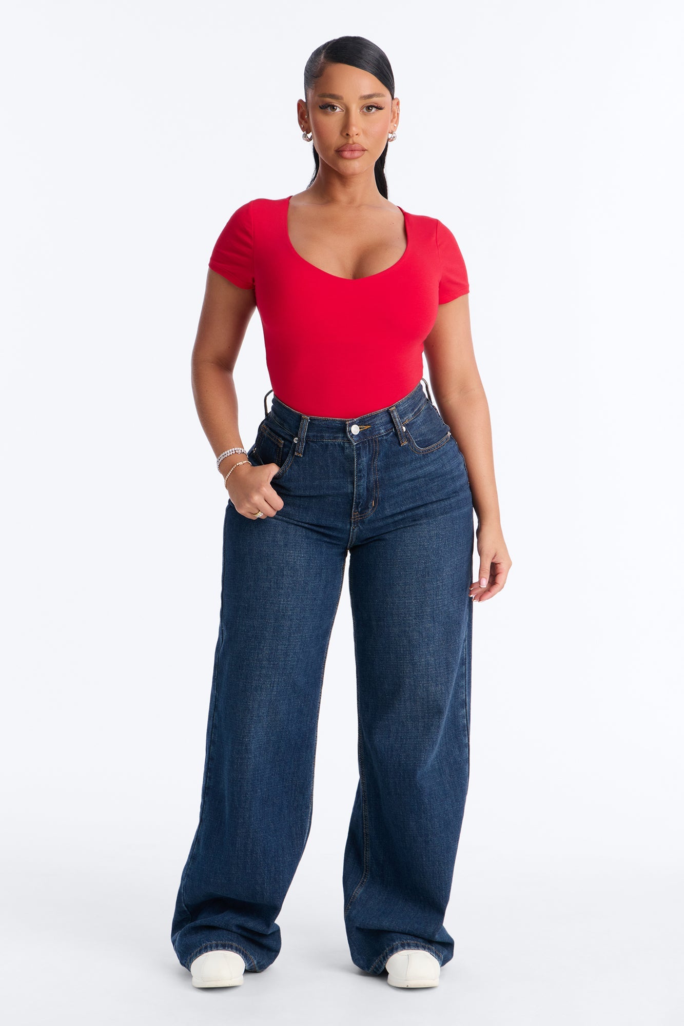 Marion Double Lined V Neck Bodysuit - Red