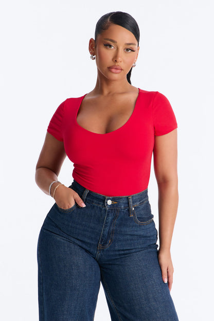 Marion Double Lined V Neck Bodysuit - Red