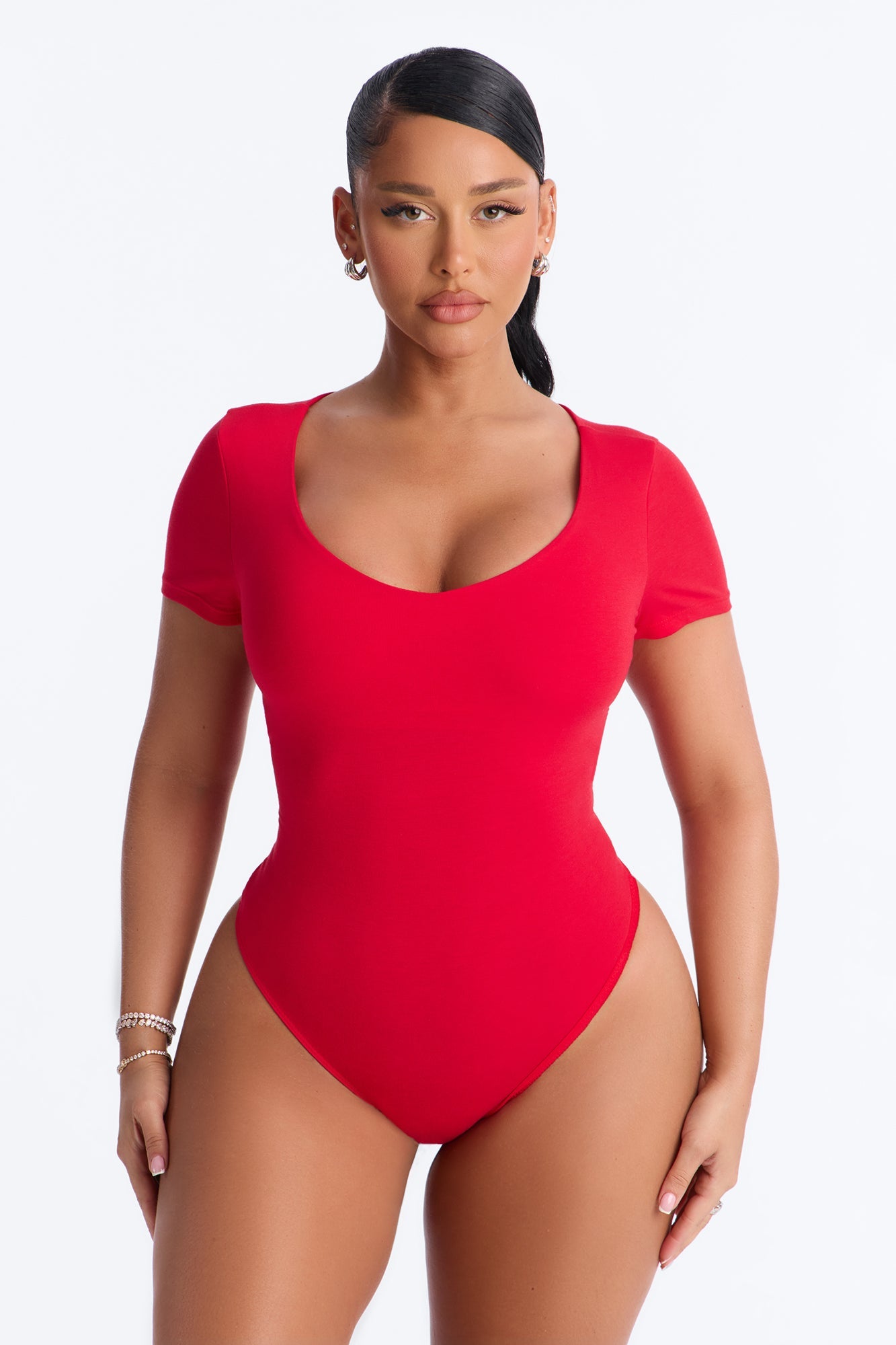 Marion Double Lined V Neck Bodysuit - Red